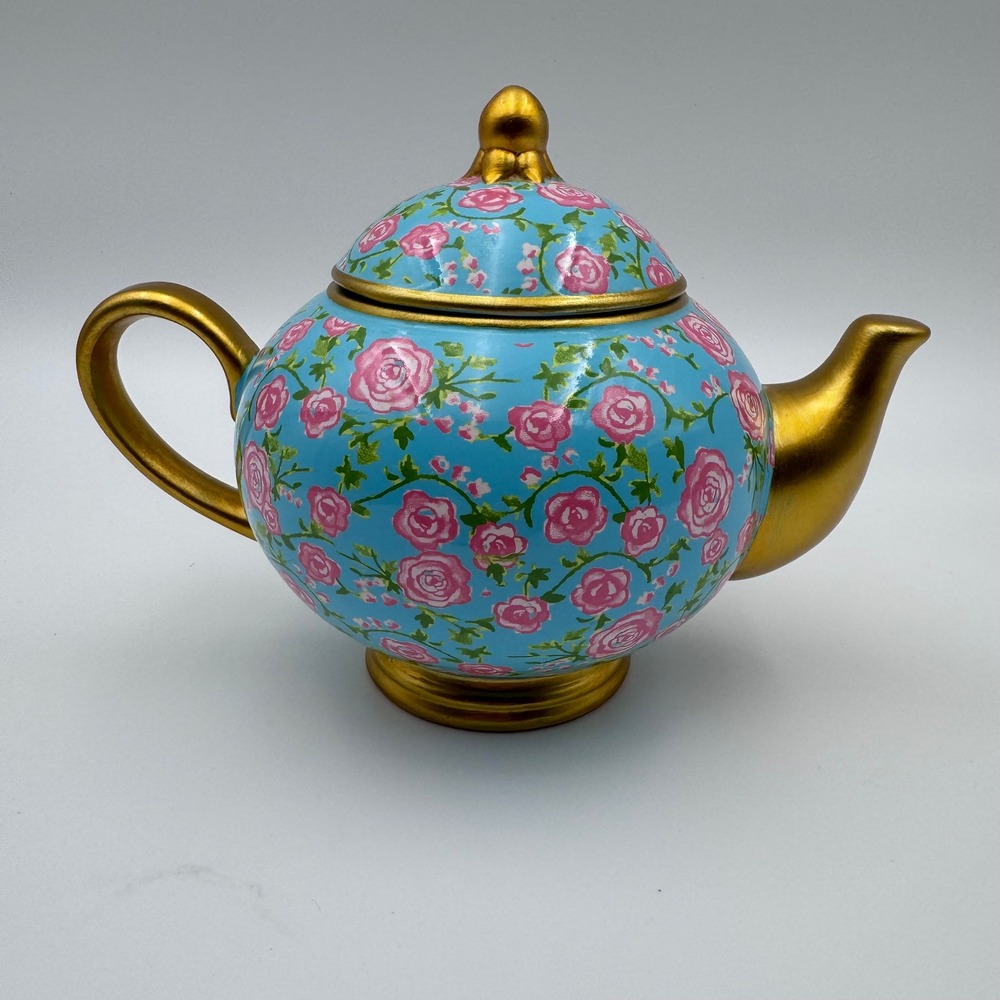Disney Alice Through the Looking Glass Davids Cookies Floral Gold Teapot Blue
